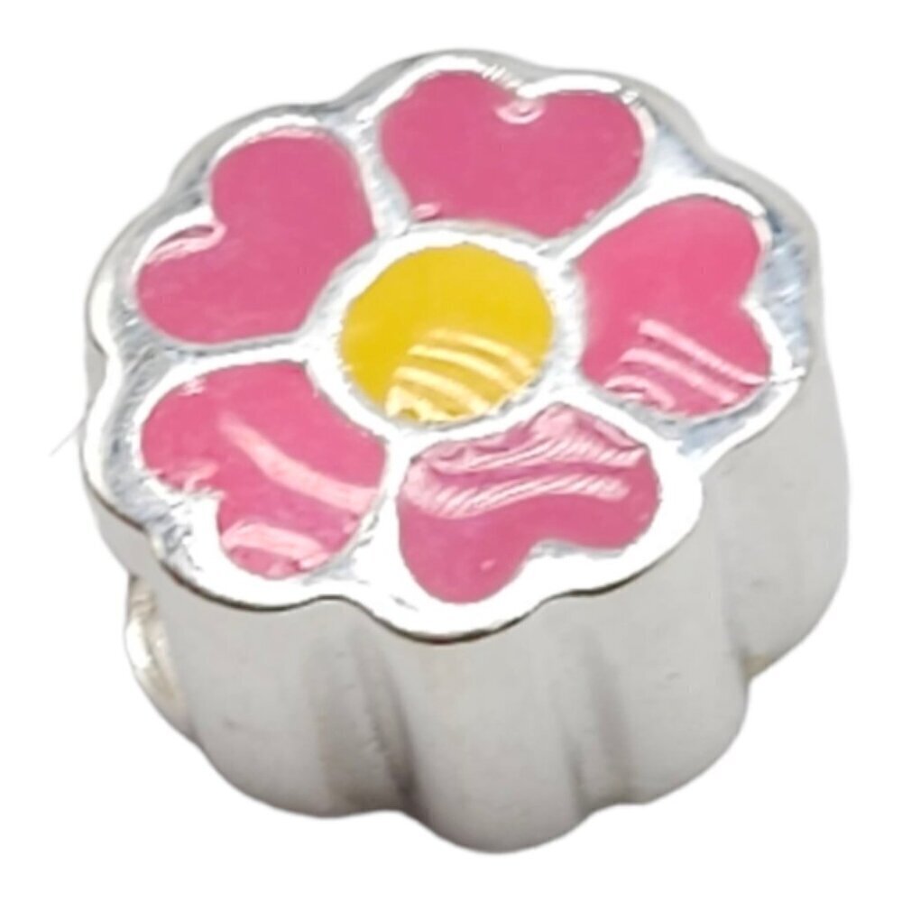 Solvar Sterling Silver Pink Yellow Enamel Flower Slide Charm Kids New Old Stock